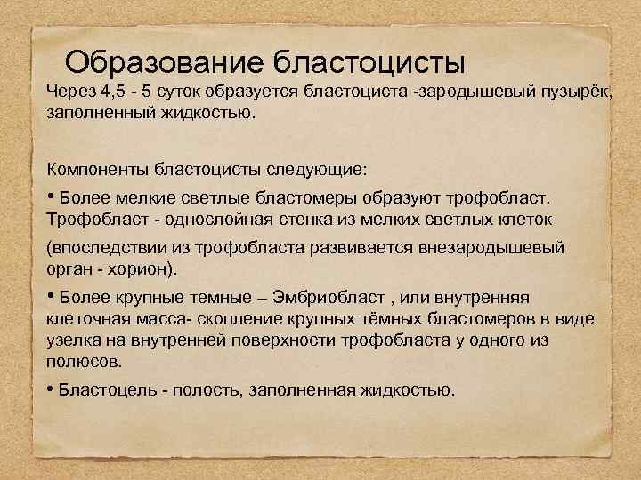 Образование бластоцисты Через 4, 5 - 5 суток образуется бластоциста -зародышевый пузырёк, заполненный жидкостью.