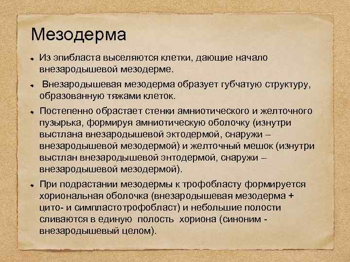 Мезодерма Из эпибласта выселяются клетки, дающие начало внезародышевой мезодерме. Внезародышевая мезодерма образует губчатую структуру,
