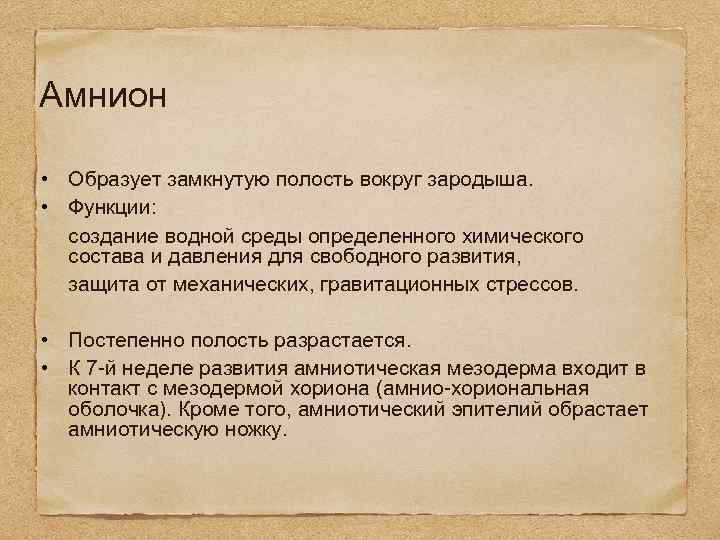 Амнион • Образует замкнутую полость вокруг зародыша. • Функции: создание водной среды определенного химического