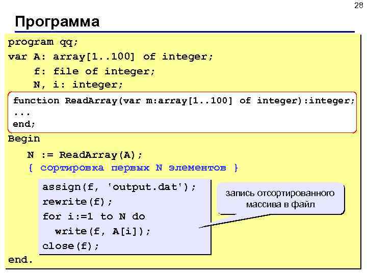 28 Программа program qq; var A: array[1. . 100] of integer; f: file of