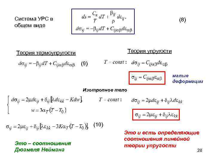 Система УРС в общем виде (8) Теория упругости Теория термоупругости (9) малые деформации Изотропное