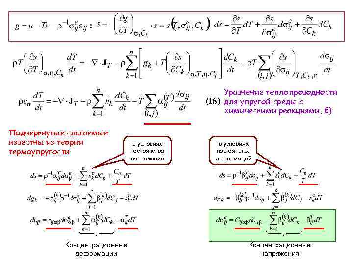 Уравнение теплопроводности (16) для упругой среды с химическими реакциями, б) Подчеркнутые слагаемые известны из