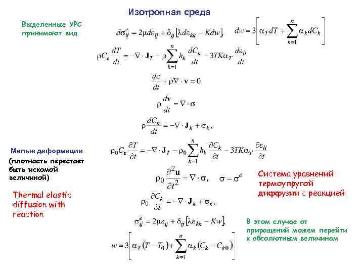 Изотропная среда Выделенные УРС принимают вид Малые деформации (плотность перестает быть искомой величиной) Thermal