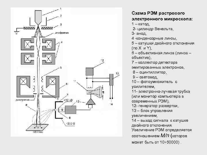 Схема РЭМ растрового электронного микроскопа: 1 – катод, 2 - цилиндр Венельта, 3 -