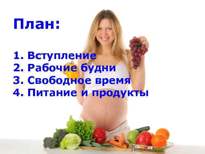 План: 1. 2. 3. 4. Вступление Рабочие будни Свободное время Питание и продукты 