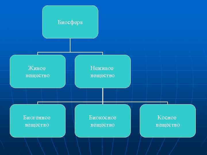 Биосфера Живое вещество Неживое вещество Биогенное вещество Биокосное вещество Косное вещество 