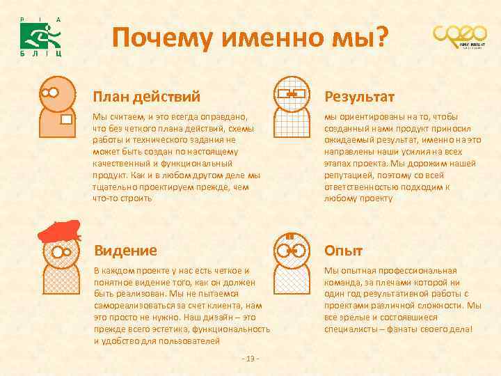 Почему именно мы? План действий Результат Мы считаем, и это всегда оправдано, что без