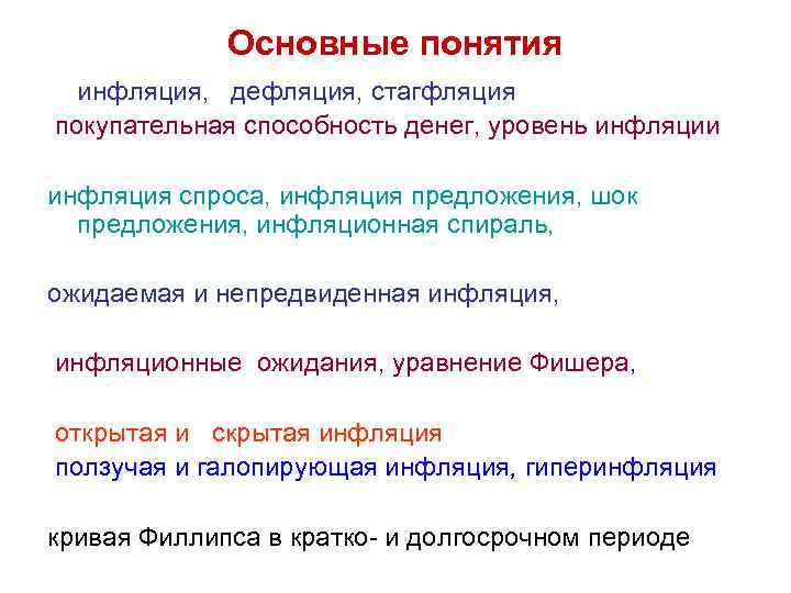 Основные понятия инфляция, дефляция, стагфляция покупательная способность денег, уровень инфляции инфляция спроса, инфляция предложения,