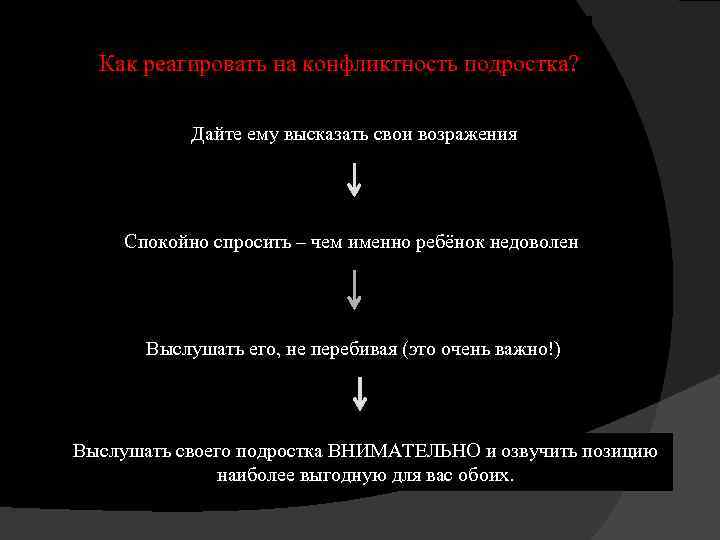 Как реагировать на конфликтность подростка? Дайте ему высказать свои возражения Спокойно спросить – чем
