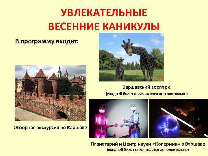 УВЛЕКАТЕЛЬНЫЕ ВЕСЕННИЕ КАНИКУЛЫ В программу входит: Варшавский зоопарк (входной билет оплачивается дополнительно) Обзорная экскурсия