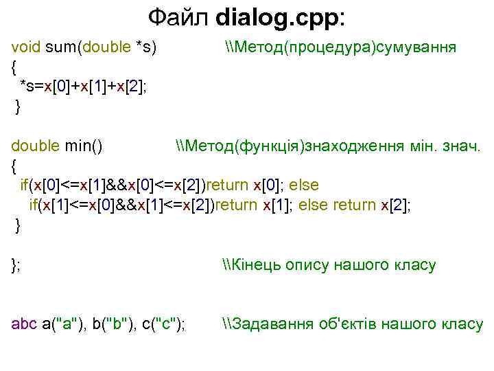 Файл dialog. cpp: void sum(double *s) { *s=x[0]+x[1]+x[2]; } \Метод(процедура)сумування double min() \Метод(функція)знаходження мін.
