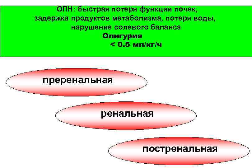 ОПН: быстрая потеря функции почек, задержка продуктов метаболизма, потеря воды, нарушение солевого баланса Олигурия