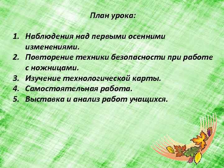 План урока: 1. Наблюдения над первыми осенними изменениями. 2. Повторение техники безопасности при работе