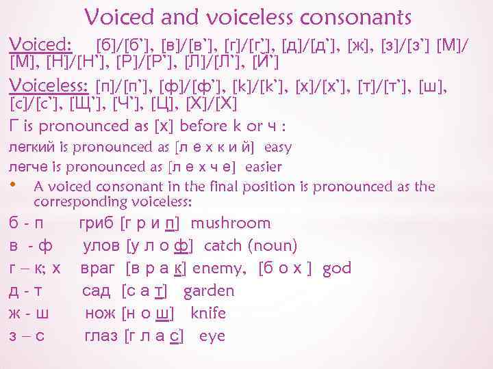 Voiced and voiceless consonants Voiced: [б]/[б’], [в]/[в’], [г]/[г’], [д]/[д’], [ж], [з]/[з’] [М]/ [М], [Н]/[Н’],