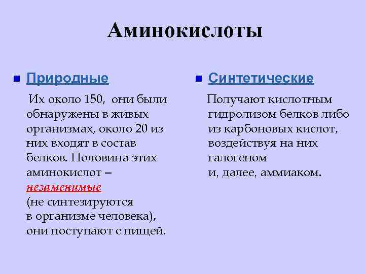 Аминокислоты n Природные Их около 150, они были обнаружены в живых организмах, около 20