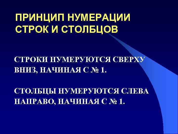 ПРИНЦИП НУМЕРАЦИИ СТРОК И СТОЛБЦОВ СТРОКИ НУМЕРУЮТСЯ СВЕРХУ ВНИЗ, НАЧИНАЯ С № 1. СТОЛБЦЫ