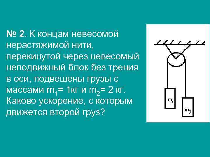 № 2. К концам невесомой нерастяжимой нити, перекинутой через невесомый неподвижный блок без трения