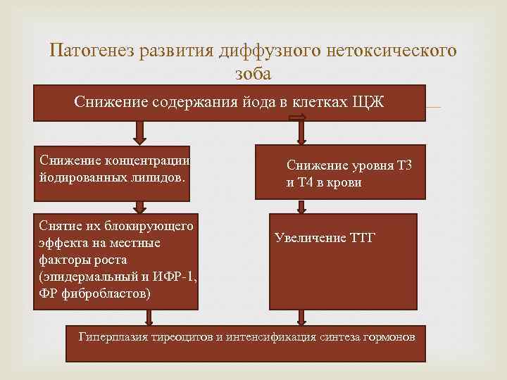 Патогенез развития диффузного нетоксического зоба Снижение содержания йода в клетках ЩЖ Снижение концентрации йодированных