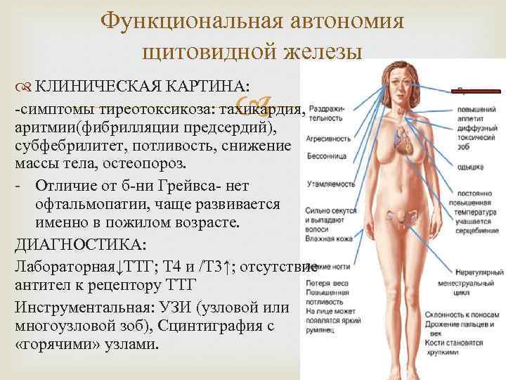 Функциональная автономия щитовидной железы КЛИНИЧЕСКАЯ КАРТИНА: -симптомы тиреотоксикоза: тахикардия, аритмии(фибрилляции предсердий), субфебрилитет, потливость, снижение