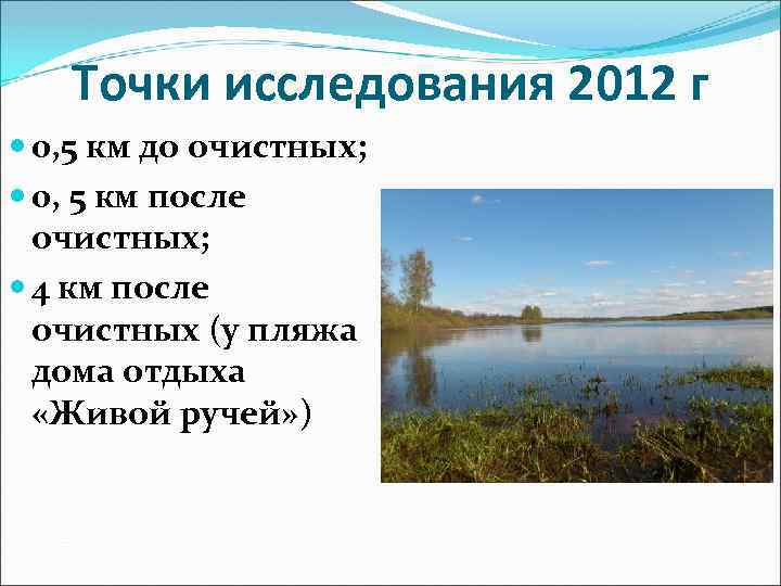 Точки исследования 2012 г 0, 5 км до очистных; 0, 5 км после очистных;