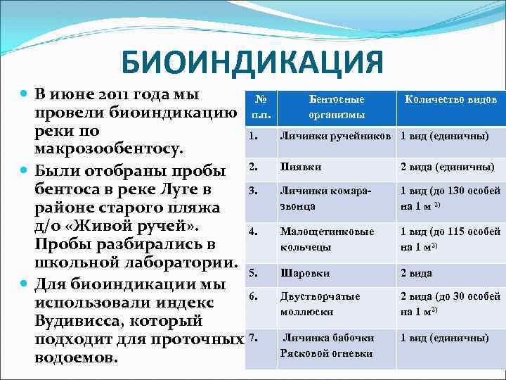 БИОИНДИКАЦИЯ В июне 2011 года мы № провели биоиндикацию п. п. реки по 1.