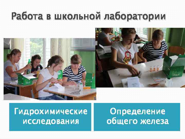 Работа в школьной лаборатории Гидрохимические исследования Определение общего железа 
