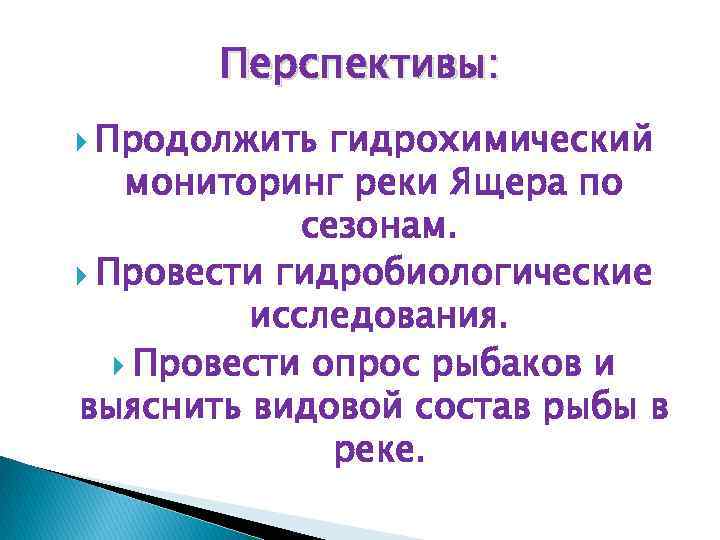 Перспективы: Продолжить гидрохимический мониторинг реки Ящера по сезонам. Провести гидробиологические исследования. Провести опрос рыбаков