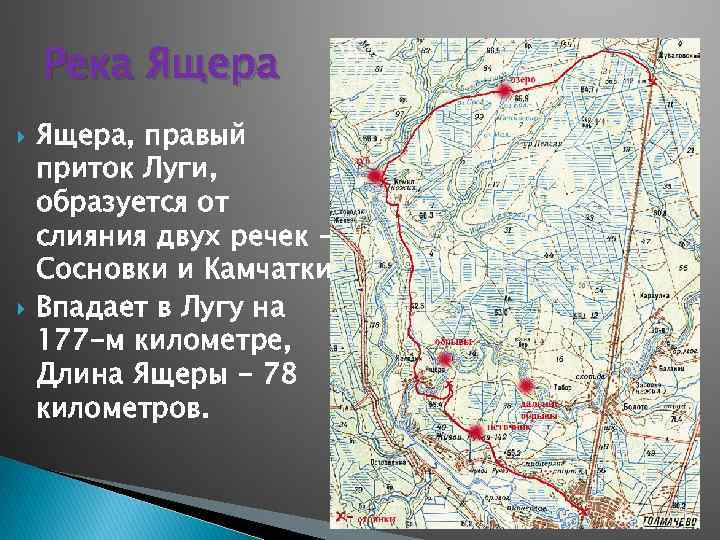 Река Ящера, правый приток Луги, образуется от слияния двух речек Сосновки и Камчатки. Впадает