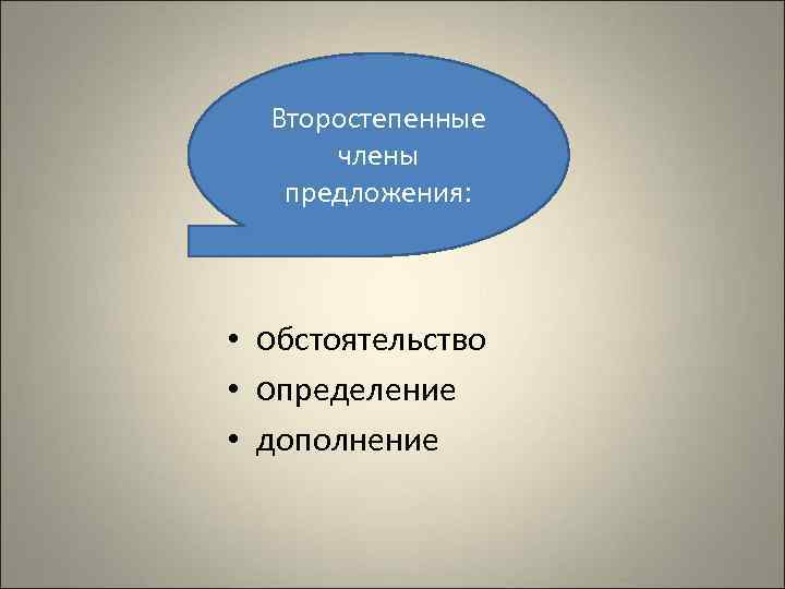 Второстепенные члены предложения: • обстоятельство • определение • дополнение 