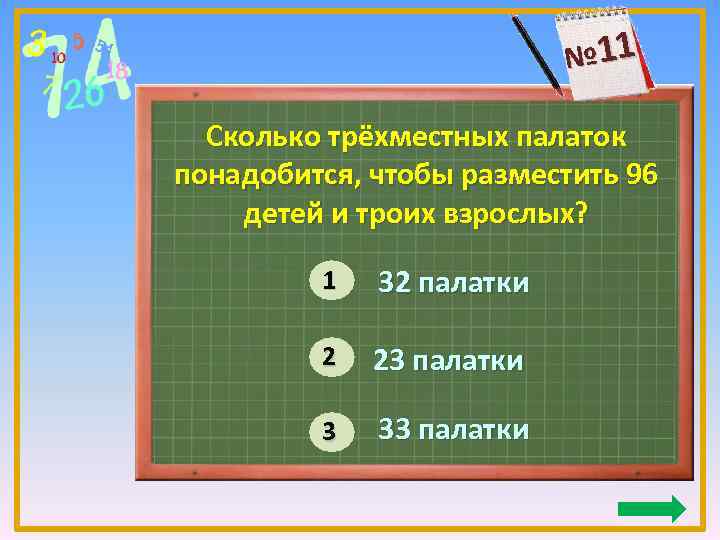 № 11 Сколько трёхместных палаток понадобится, чтобы разместить 96 детей и троих взрослых? 1