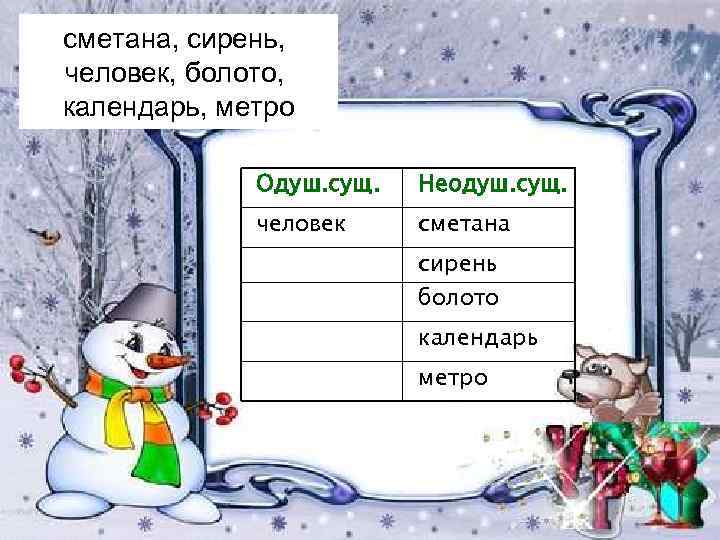 сметана, сирень, человек, болото, календарь, метро Одуш. сущ. Неодуш. сущ. человек сметана сирень болото
