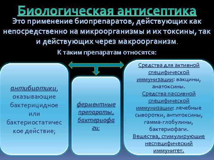 Методы воздействия биологической антисептики на микроорганизмы заполните схему