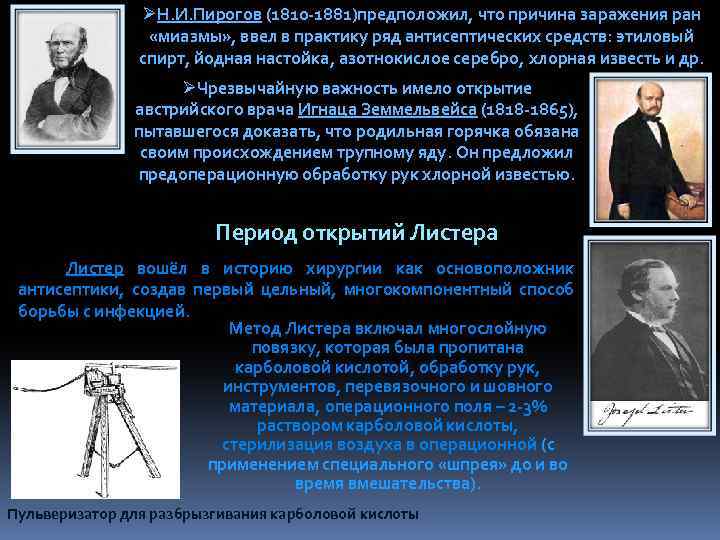 ØН. И. Пирогов (1810 -1881)предположил, что причина заражения ран «миазмы» , ввел в практику