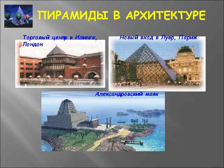 ПИРАМИДЫ В АРХИТЕКТУРЕ Торговый центр в Илинге, Лондон Новый вход в Лувр, Париж Александровский