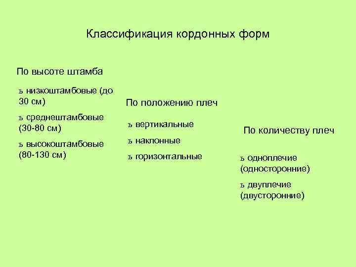 Классификация кордонных форм По высоте штамба ь низкоштамбовые (до 30 см) ь среднештамбовые (30