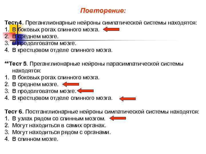 Повторение: Тест 4. Преганглионарные нейроны симпатической системы находятся: 1. В боковых рогах спинного мозга.