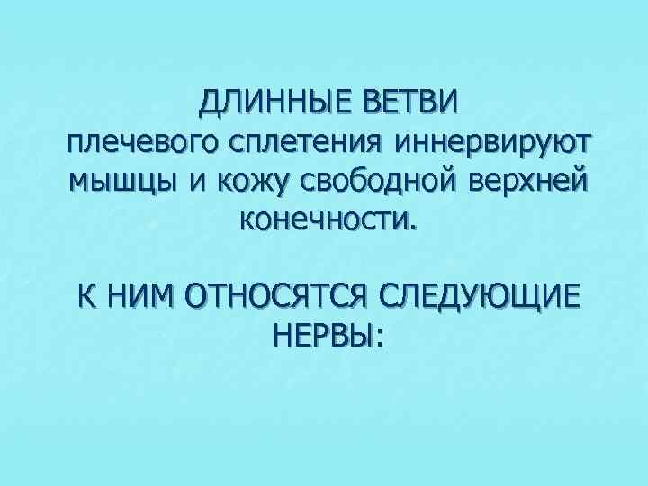 ДЛИННЫЕ ВЕТВИ плечевого сплетения иннервируют мышцы и кожу свободной верхней конечности. К НИМ ОТНОСЯТСЯ