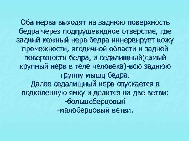 Оба нерва выходят на заднюю поверхность бедра через подгрушевидное отверстие, где задний кожный нерв