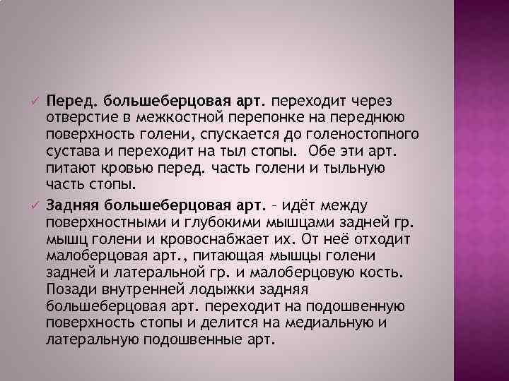 ü ü Перед. большеберцовая арт. переходит через отверстие в межкостной перепонке на переднюю поверхность