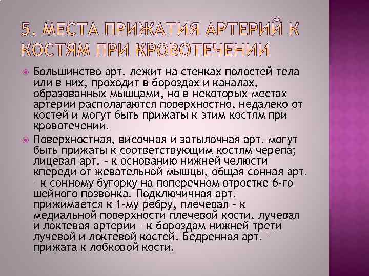  Большинство арт. лежит на стенках полостей тела или в них, проходит в бороздах