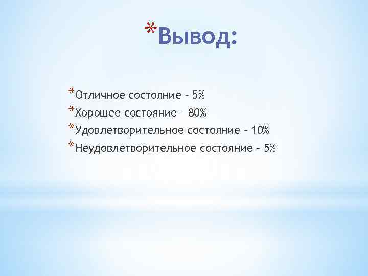 *Вывод: *Отличное состояние – 5% *Хорошее состояние – 80% *Удовлетворительное состояние – 10% *Неудовлетворительное