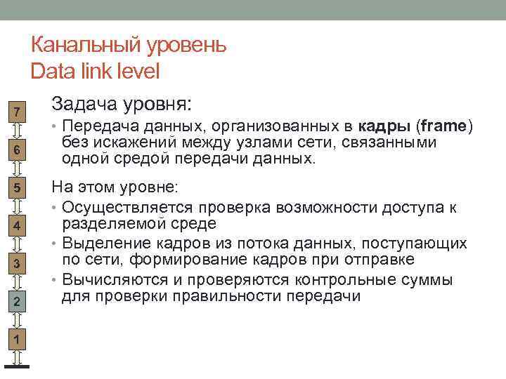 Канальный уровень Data link level 7 6 5 4 3 2 1 Задача уровня: