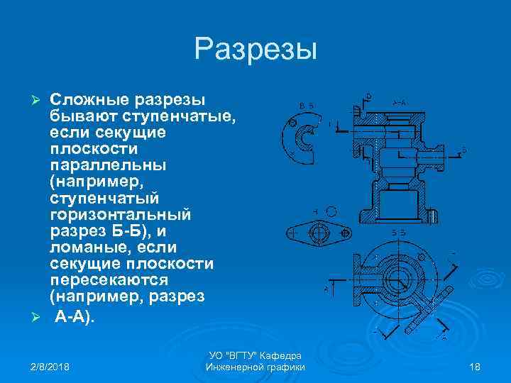 Разрезы Сложные разрезы бывают ступенчатые, если секущие плоскости параллельны (например, ступенчатый горизонтальный разрез Б-Б),