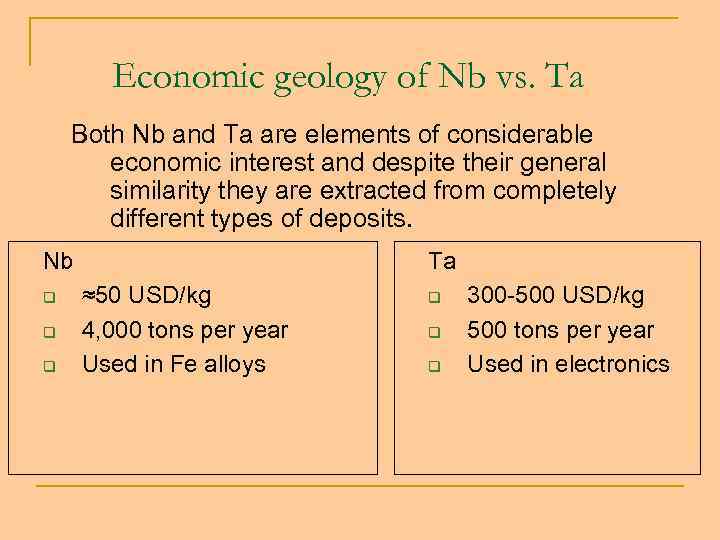Economic geology of Nb vs. Ta Both Nb and Ta are elements of considerable