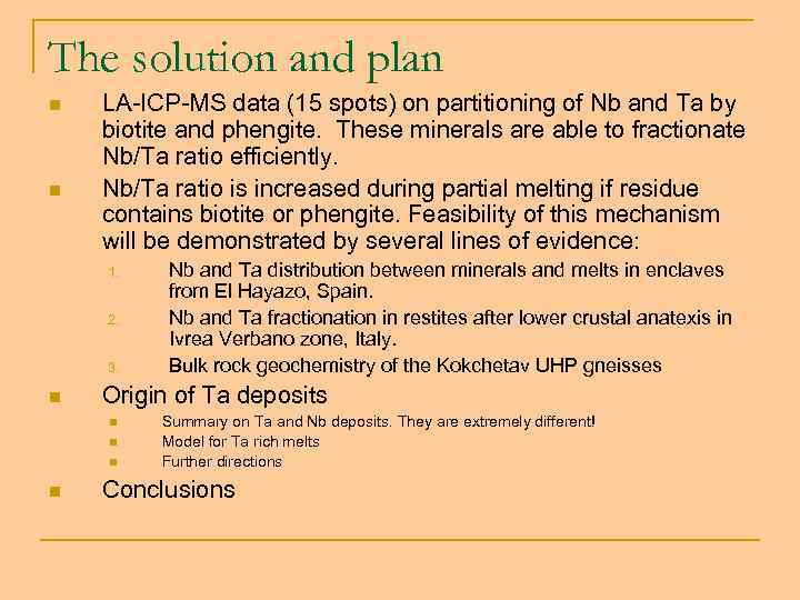 The solution and plan n n LA-ICP-MS data (15 spots) on partitioning of Nb