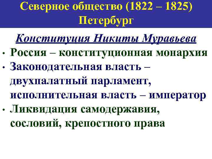 Северное общество (1822 – 1825) Петербург • • • Конституция Никиты Муравьева Россия –