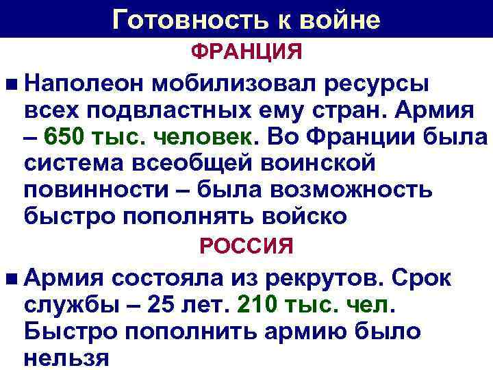 Готовность к войне ФРАНЦИЯ n Наполеон мобилизовал ресурсы всех подвластных ему стран. Армия –