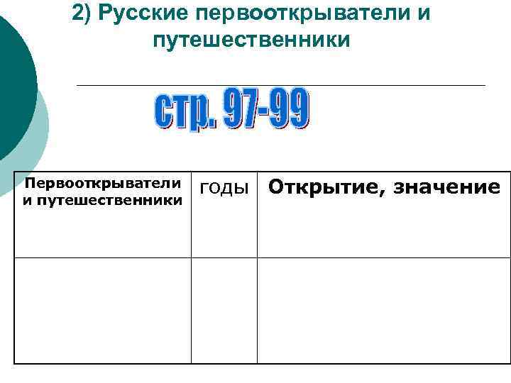 2) Русские первооткрыватели и путешественники Первооткрыватели и путешественники годы Открытие, значение 