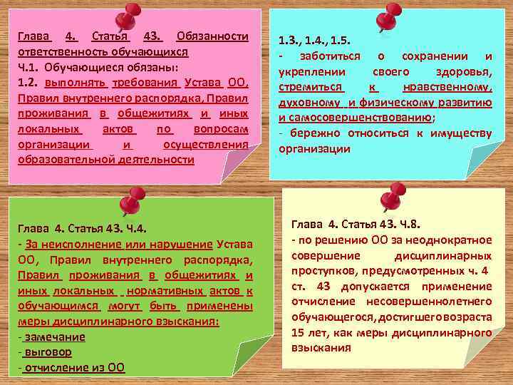Глава 4. Статья 43. Обязанности ответственность обучающихся Ч. 1. Обучающиеся обязаны: 1. 2. выполнять