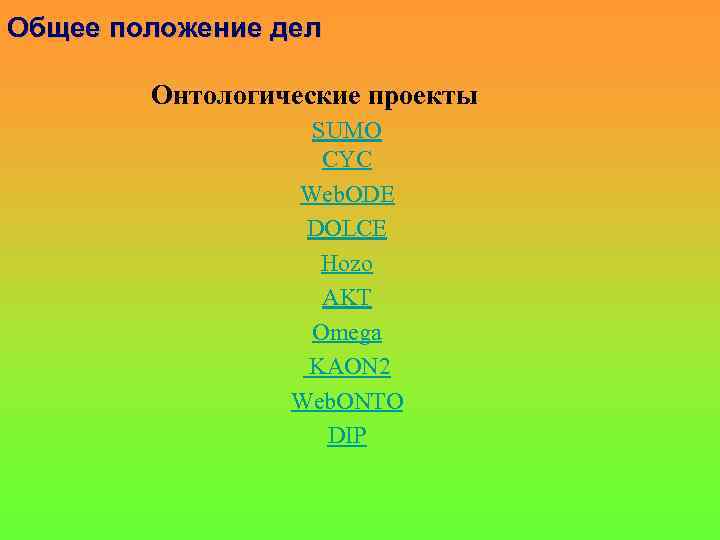 Общее положение дел Онтологические проекты SUMO CYC Web. ODE DOLCE Hozo AKT Omega KAON